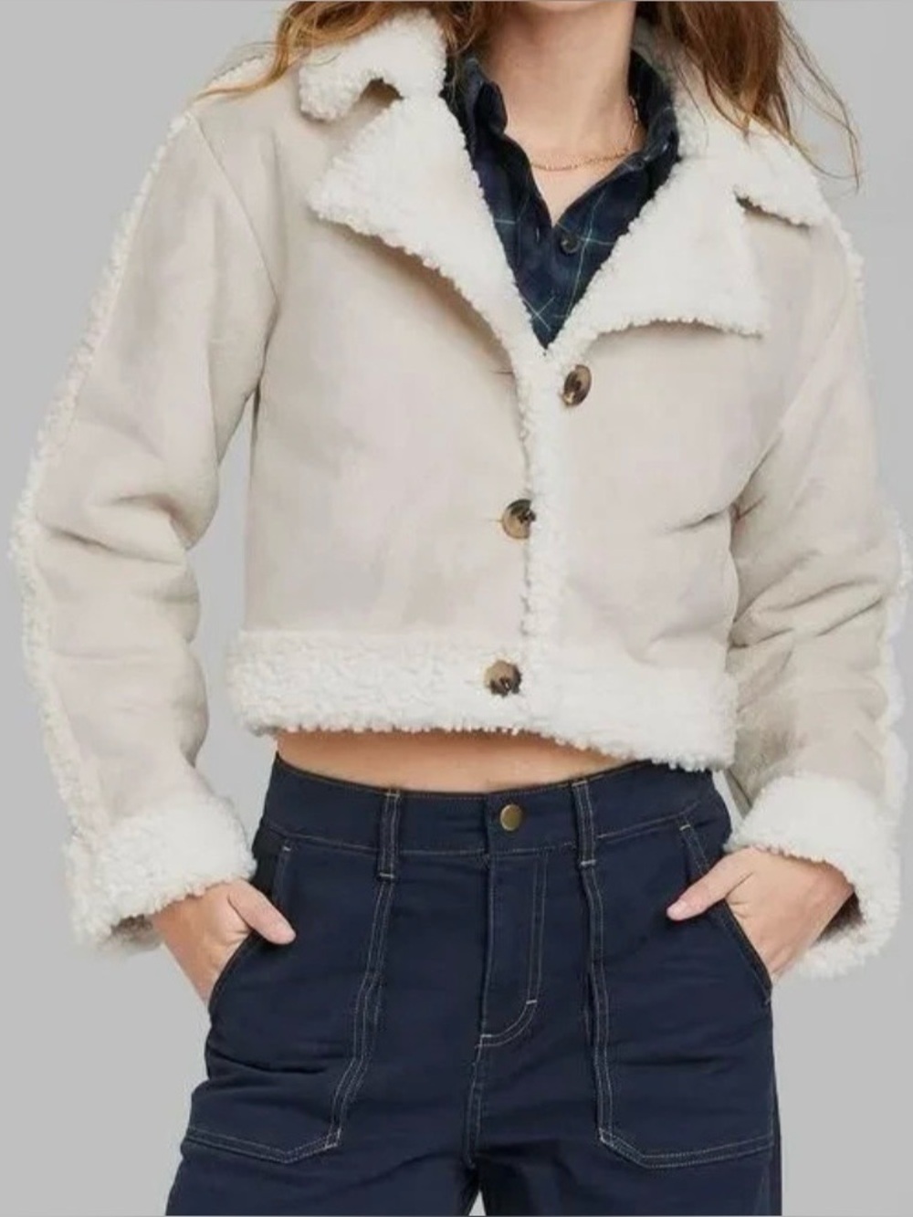 Wild Fable XXS Cream Faux Suede Sherpa Cropped Jacket Modern-Chic Teddy Jacket